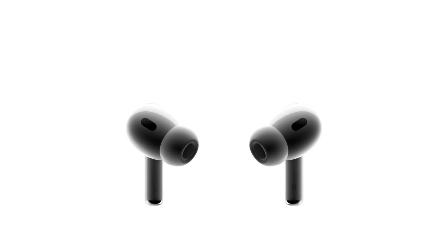 Zwei sich gegenüberstehende weisse AirPods Pro In-Ear Kopfhörer. An den kompakten In-Ear Kopfhörern angebrachte Silikontips mit jeweils schwarzem Mesh.