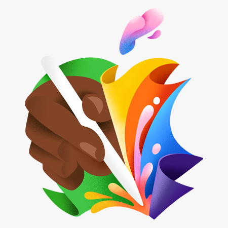 Um papel com dobras em verde, amarelo, laranja e azul forma o logotipo da Apple. Dentro do logotipo, uma mão segura o Apple Pencil posicionado para desenhar. A ponta pressiona a parte inferior do logotipo, espalhando respingos das cores laranja e rosa que saltam para cima. A folha do logotipo da Apple é formada por uma gota de rosa, azul e roxo que flutua na parte de cima.