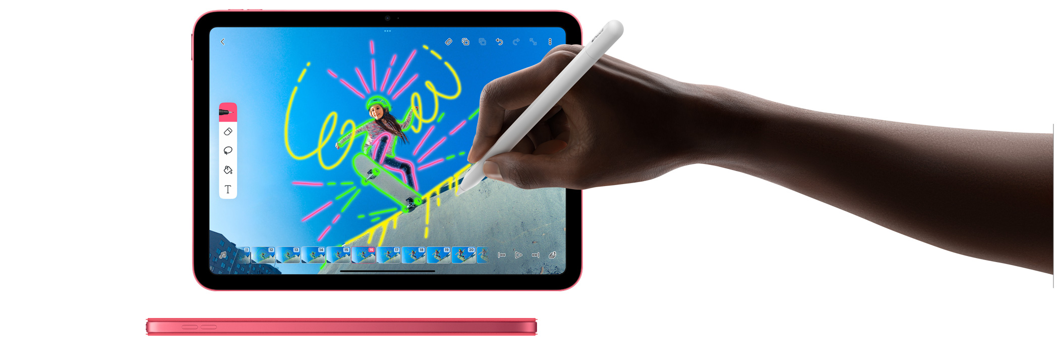 Ένα χέρι χρησιμοποιεί το Apple Pencil για να σχεδιάσει απευθείας σe βίντεο με το app Flip-a-Clip.