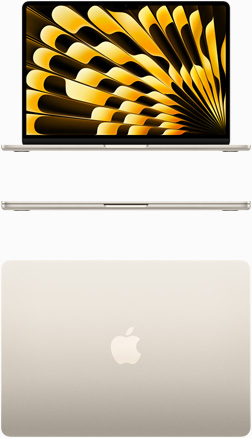 Yıldız Işığı rengi MacBook Air modelinin önden ve üstten görünümü
